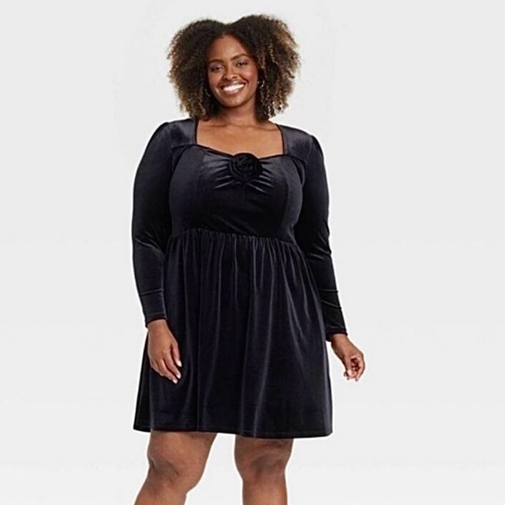 Ava & Viv Black Velvet Long Sleeve Midi Dress with Rosette Appliqué Size XXL NWT